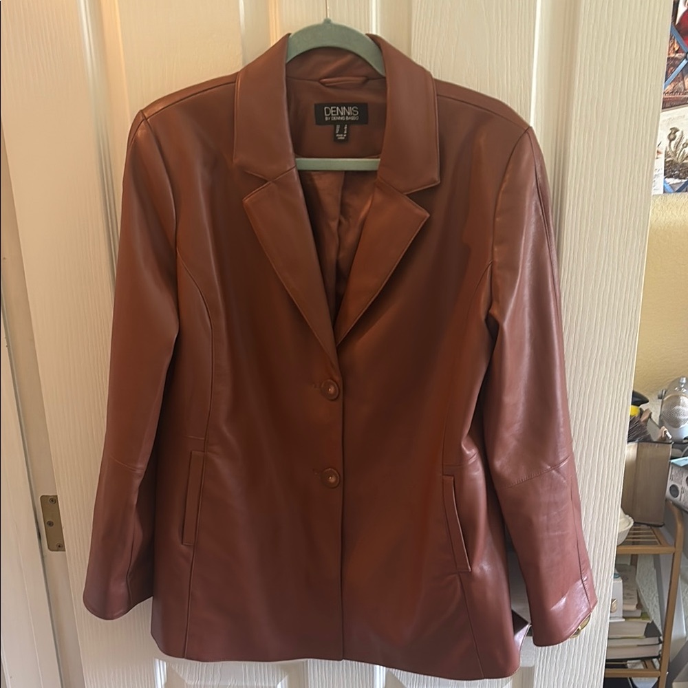 DENNIS BASSO |‎ Brown Faux Leather Jacket, size Small (oversized) - EUC